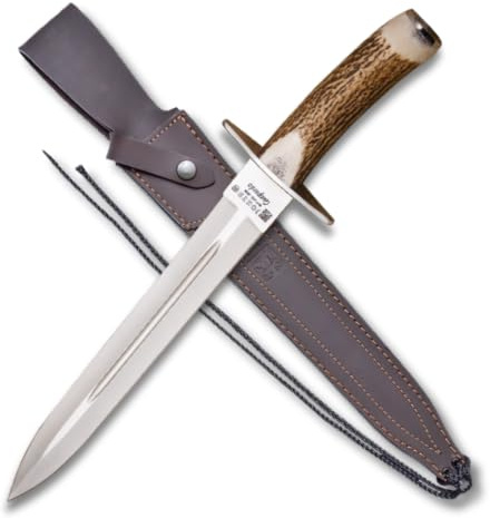Joker Jagdmesser CC29 Guepardo mit Hirsch Griff, 30 cm Klinge, Braunes Leder scheide, Fischen, Camping- und Wanderwerkzeug