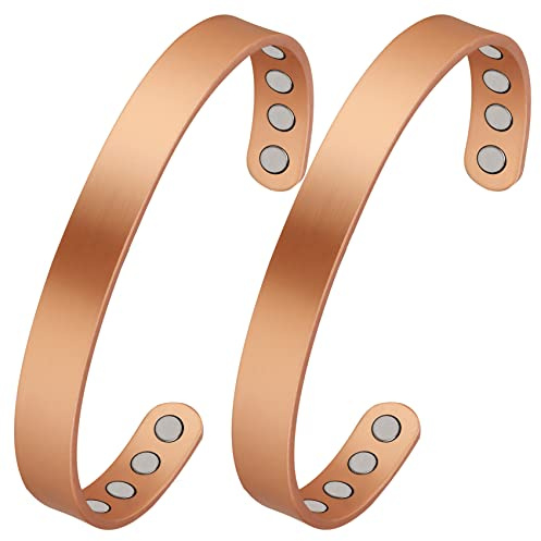 Feraco Copper Magnetic Bracelet for Men Women, 99.99% Pure Copper Cuff Bangle with Effective Neodymium Magnets, Adjustable Jewelry Gifts (Set of 2)