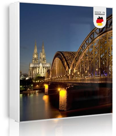 banjado Großer Schlüsselkasten Metall - Schlüsselbox 30x30cm beschreibbarer mit 32 Haken - Schlüsselkasten modern für Schlüsselaufbewahrung - Korpus Weiß Scharnier Rechts - Motiv Köln