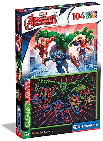 Clementoni - 27554 - Supercolor Puzzle Glowing Lights Marvel Avengers - Puzzle 104 Teile Ab 6 Jahren, buntes Kinderpuzzle mit besonderer Leuchtkraft & Farbintensität, Geschicklichkeitsspiel für Kinder