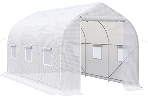 Outsunny Invernadero de Jardín 4x2x2 m Tipo Túnel con 6 Ventanas Transpirables y Puerta Enrollable con Cremallera Huerto para Cultivo Plantas Verduras Blanco