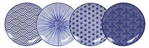 TOKYO Design 4er Set Speiseteller Porzellan mit verschiedene Designs in blau 16 cm, Japanisches Porzellan Servierplatten/Pastateller/Frühstücksteller/Salatteller