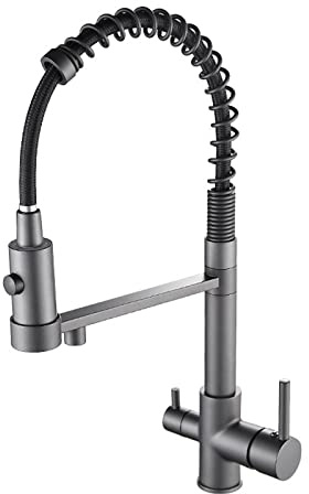 Rubinetto 3 Vie Cucina Rubinetti Cucina Doccetta Estraibile Espring Miscelatore 3 Vie Girevole a 360° con Filtro Dell'Acqua Doccetta Estraibile Grigio Pistola