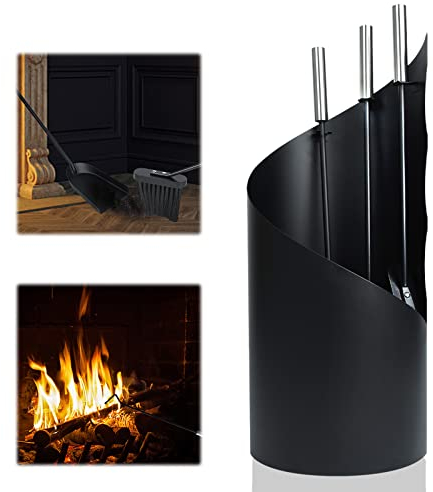 UISEBRT Accessori da Camino Kit, Moderni Attrezzi Utensili Caminetto, in acciaio inox, 4 pezzi, con Gancio, Pala, Scopa e Supporto, Nero