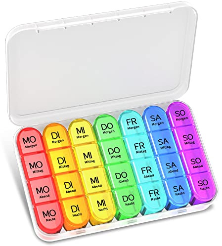 Tablettenbox 7 Tage Morgens Mittags Abends Nachts, Betife BPA Frei Pillendose 7 Tage 4 Fächer, Medikamentenbox 7 Tage, Pillenbox Groß, Tabletten Wochenbox, Pillendose 7 Tage 4 Fächer (Transparentes)