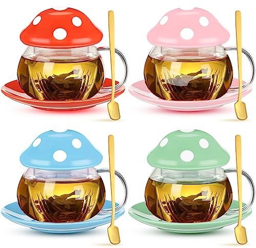 Lallisa 4 Set 9.6 oz Mushroom Tea Cups Set with Infuser and Spoon Cute Glass Mugs Mushroom Tea Teapot with Ceramic Lid Coasters for Women Home Office, 4 Colors