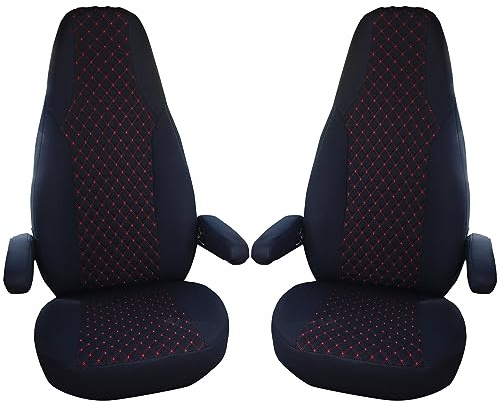 BREMER SITZBEZÜGE Maß Piloten Schonbezüge Sitzbezüge kompatibel mit Wohnmobil Camper Hymer Ducato Wohnmobil Zubehör | 2er Schonbezug Set inkl. Armlehnen-Bezüge in Schwarz/Rot | WMS702