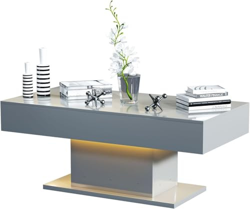 KEEPREAPER Modern Grey Coffee Table for Living Room, Living Room Table Rectangular Center Table, High Glossy Wooden Coffee Tables with 16 Colors LED Lights for Dining Reception Room