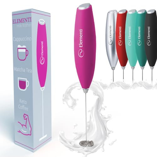 Elementi Milk Frother Handheld - Powerful Mini Coffee Frother Whisk - Hand Held Coffee Whisk Electric & Frappe Maker - Drink Mixer, Stirrer & Electric Milk Foamer (Hot Pink)