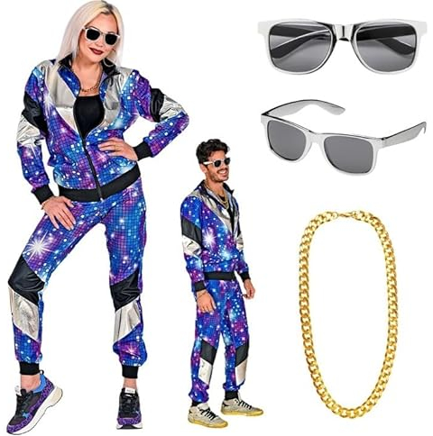 Set 80er Jahre Trainingsanzug für Sie und Ihn - Disco Look in Gr. S bis 2XL - mit Goldkette und Brille M - 170-175 cm Oktober Fest Fasching