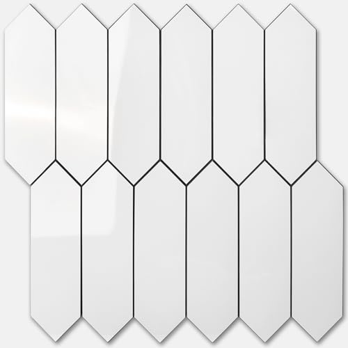 Vamos Tile Glossy White Backsplash Tile Peel and Stick, 12.8 x 12.8 Inch 10 Sheets Long Hexagon PVC Self Adhesive Mosaic Wall Tiles Stick on Backsplash for Kitchen and Bathroom