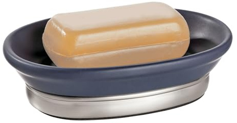 iDesign Ceramic and Steel Bar Holder, The York Collection Soap Dish, Matte Navy/Brushed Nickel