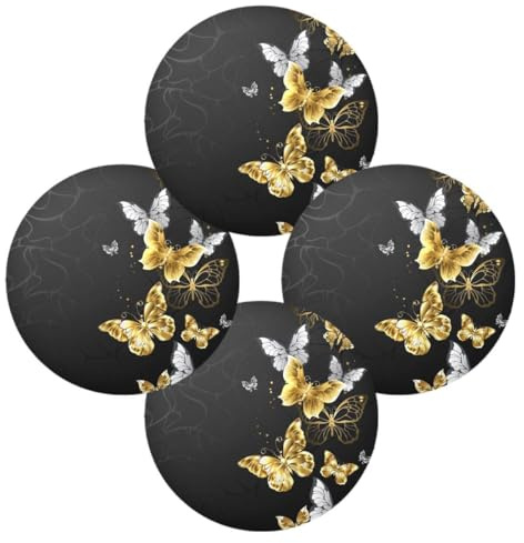 Runde Tischsets 4er Set für Esstisch Schwarz Gold Schmetterling Platzset Hitzebeständig Küche Tischmatte Tier Vintage für Party Home Decor Waschbar