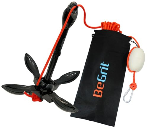 BeGrit Ancla Kayak 1,5kg Kit de Ancla Barco Plegable Pequeña para Moto de Agua Jet Ski Anclaje Agua de Acero Zincado con Cuerda Flotante de 10m y Bolsa de Transporte para Zodiac Capa Barca, Nero