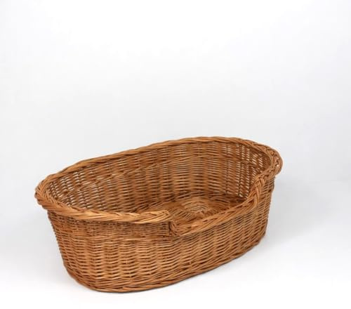 Damian-Wiklina Gemütliches handgeflochtenes Weidenkorb-Tierbett für Hunde und Katzen aus Naturweide, Größe 43 × 28 cm, niedriger Einstieg 10 cm und erhöhter Rücken 14 cm