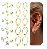 YADOCA 10 par örhängen i silver/guld, set för kvinnor, allergivänliga kirurgiskt stål, medicinskt creoler, helix-örhängen, broskpiercing-set, för kvinnor och flickor, 6/7/8/9/10 mm, Rostfritt stål