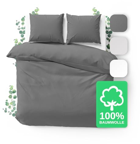 JACOBSON Bettwäsche 100% Baumwolle (155x220cm, Anthrazit, 3-teilig) | Set: 1 Bettbezug + 2 Kissenbezüge 80 x 80 cm