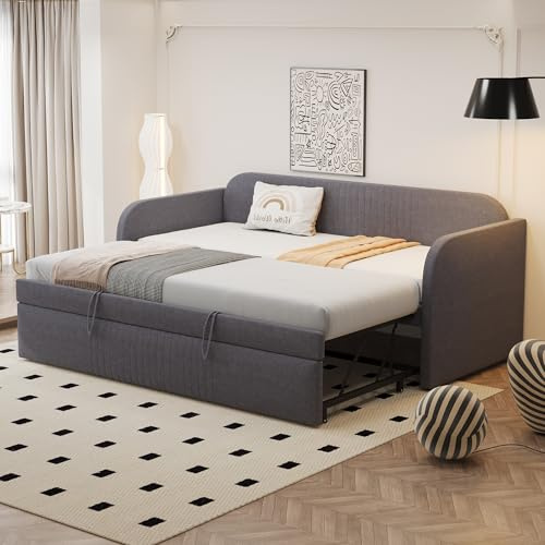 SUKY Cama tapizada sofá cama extensible 90/180 x 190 cm, con somier, con rayas verticales, cama multifunción, tejido de lino cómodo y transpirable (gris)