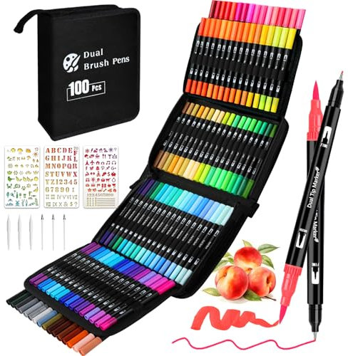 PITMT Lettering Filzstifte, 100 Farben, Doppelspitze, Pinsel mit Etui, Lettering-Set für Mädchen, Kinder und Erwachsene, Aquarellstifte für Mandalas, Kalligraphie, Zeichnen, Aquarell