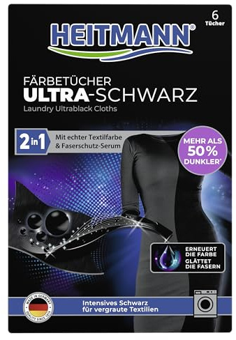 HEITMANN 2in1 Färbetücher Ultra-Schwarz | Textilfarbe schwarz für Pflege und gegen aufgeraute schwarze Kleidung | Färbemittel für Textilien, zur Anwendung in der Waschmaschine | 6 Tücher