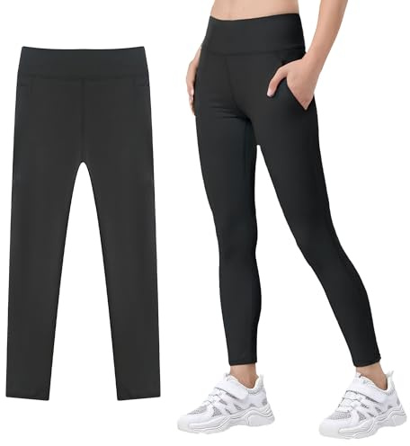 JinBei Leggings para Niñas, Fitness Elástico Cintura Alta Transpirable Cómodos Sólidos Largos Pantalones con 2 Bolsillos, Niños Gym Running Ballet Deportes Pants Ropa para 5-6 Años, Negro