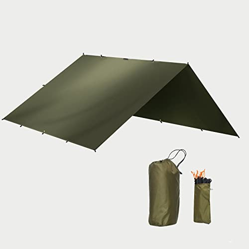 SLDAGe Zeltplane Wasserdicht, Olivgrün Rechteck Tarp für Hängematte, Regenschutz Sonnenschutz Camping Zelt, mit 19 Ösen & 8 Bodennagel & 8 Nylonseile für Camping, Picknick, Outdoor Aktivitäten,3x3m