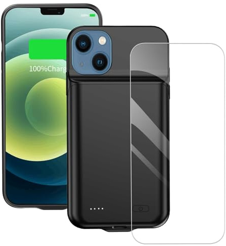 FLSTOR Akku-Ladehülle für iPhone 12 Mini & iPhone 13 Mini 13.7 cm, Schutzhülle und Extra Power Life Powered Case inklusive Displayschutzfolie, 6800mAh, Schwarz