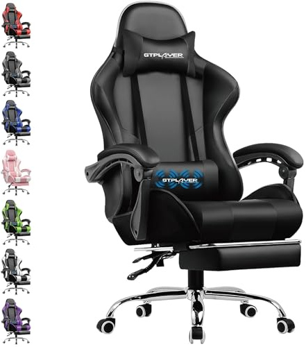 GTPLAYER Sedia Gaming, Poltrona Gamer con Massaggio Lombare, Sedia da Gaming Poggiapiedi Retrattile, Schienale Inclinabile a 135°, Seduta Confortevole in Pelle, Sedia Ufficio, Carico 150 kg, Nero