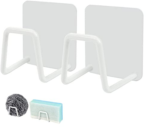 Telivava Sponge Holder for Kitchen Sink(2 Pack), Strong Adhesive Sink Sponge Holder, SUS304 Stainless Steel Holder for Kitchen Accessories - Waterproof & Quick Drying, White