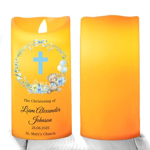Plintara Personalised Christening Candle LED - Custom Baby Name Baptism Gift with Printed Cross, Flameless Safe Keepsake, 7.5x15/17.5cm (Blue)