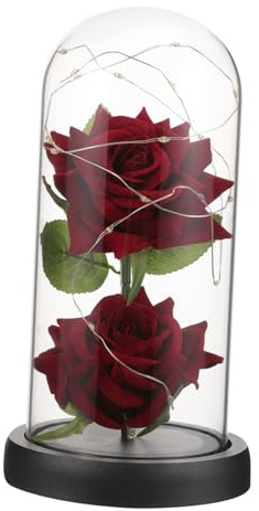 Ciieeo Rose Artificielle sous Cloche Verre avec LED Décoration Romantique pour Fête des Mères Mariage et Événements Spéciaux