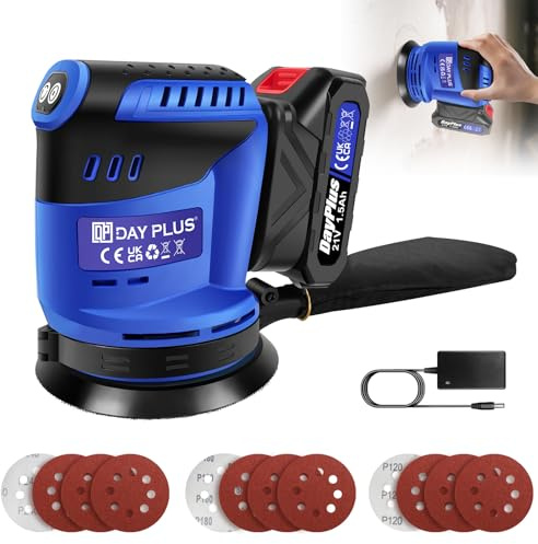 21V Cordless Random Orbital Sander with 12Pcs Sandpapers, 3-Speeds Electric Orbital Sander with 1.5Ah Battery & Charger, Dust Collection Bag, 360°Rotating Sanding, for Sanding, Polishing Metal/Wood