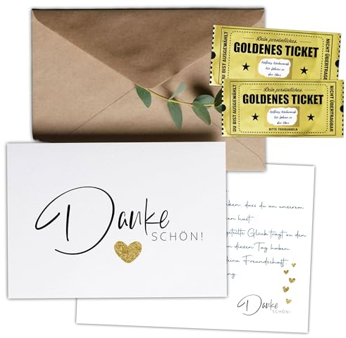 Eummel 5 Dankeskarten auf hochwertigen 580g Holzschliffpapier inklusiv Kraftpapier Briefumschläge sowie 2 Goldene Tickets | In Deutschland und Klimaneutral produziert | Dankeschön sagen