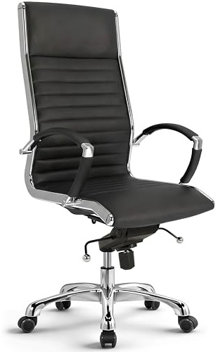 VERSEE Chefsessel Montreal aus Echtleder, Schwarz, Sitzhöhe 52–64 cm | Ergonomischer Bürostuhl mit Wippmechanik und Lendenstütze, für Büro und Homeoffice, bis 150 kg belastbar