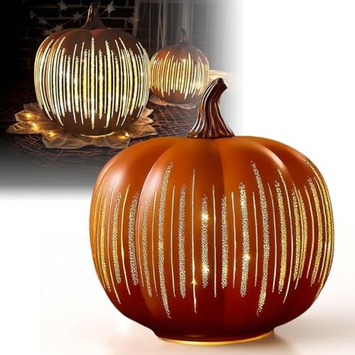 Herbstdeko Kürbis Licht, Halloween Kürbis Deko mit Timer, Herbst Dekoration Leuchtende Kürbisse aus Glas, Herbst Deko Aesthetic Starry Night Pumpkins Laterne für Zimmer, Flur & Outdoor (Orange, S)