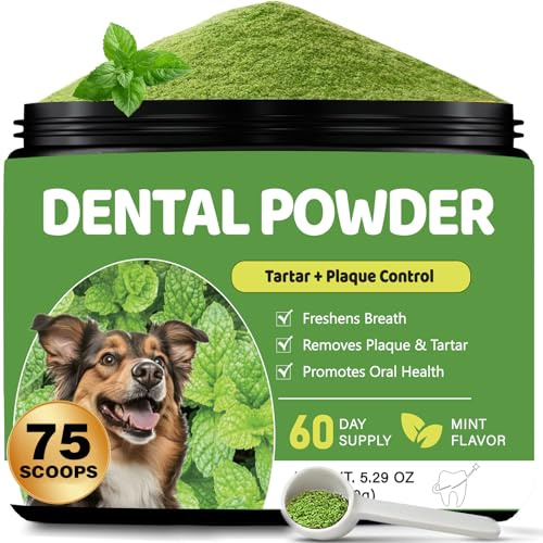 Dog Dental Powder, Teeth Cleaning Powder for Dogs, Plaque & Tartar Remover for Pet Oral Care - Fresh Breath & Teeth Cleaning Made Easy - Natural Herbal Blend + Probiotics - 75 Servings(150g) (Mint)