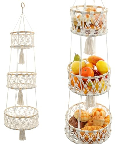 HuhWafee Corbeille à fruits à 3 étages - En corde de coton tissée à la main - Panier de rangement - Cercle de bambou bohème - Filet de fruits et de fleurs en macramé - Pour fruits et légumes - Pour