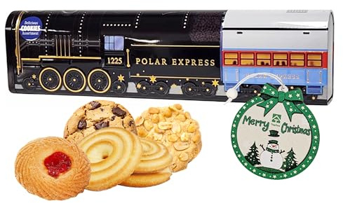 Polar Express Train Biscuit Tin - Polar Express Biscuit Christmas Train Filled with Assorted Biscuits 270g & Topline Tree Ornament. Biscuits Gift Set for Stocking Fillers, Christmas Eve Box Fillers