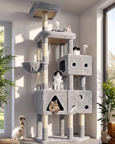 Globlazer Rascador para Gatos Grandes XXL 207 cm con 3 Divertido Nidos Grande 45 * 35cm, Plataforma Amplio, Perchas, Cesta, Enorme Arbol Rascador para 4-5 Gatos Adultos Interiores (F81, Gris Claro)