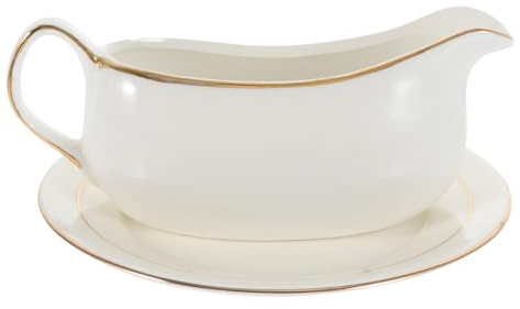 OSALADI Ceramic Gravy Boat Gold Rim and Handle, Large Steak Sauce Pitcher Tray, Pure White Porcelain Serving Jug for Restaurant Condiments and Kitchen Use
