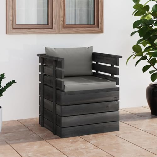 Teenpull Gartensessel mit Kissen, Kiefernholz Massiv, Grau, 70x65x71,5 cm, Modulares Lounge-Sofa für Terrasse Garten Wohnzimmer, Bequeme Outdoor-Sitzgelegenheit