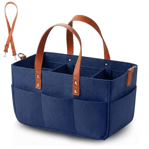 Anhow Shoppingväska i filt, 30 L, 40 x 27 x 25 cm, mörkblå, filtväska med handtag, vikbar filtväska för shopping, utflykter, förvaring, resor, picknick