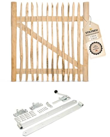 STILTREU Classic Staketenzaun-Tor Set (silber) aus Edelkastanie (Breite 120 cm x Höhe 120 cm)