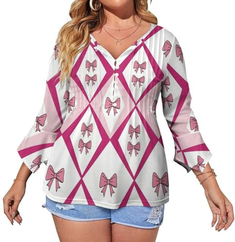 velumair Pink Bows Checked Blouses for Women Dressy Casual Womens 3/4 Sleeve Tops and Blouses Tunic Tops Shirts XL