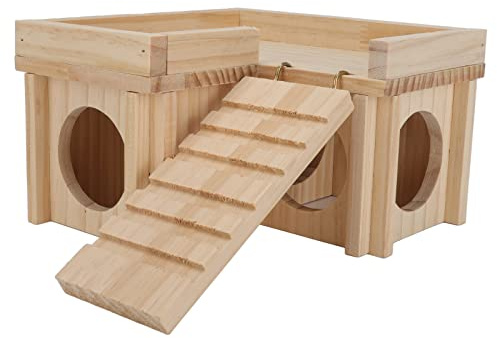 Dam Skerisi Cachette pour Hamster avec échelle, Maison en Bois pour Hamster, cabane Multi-pièces pour Ours doré, Conception en rondins naturels avec Toit et Panneaux latéraux Amovibles pour