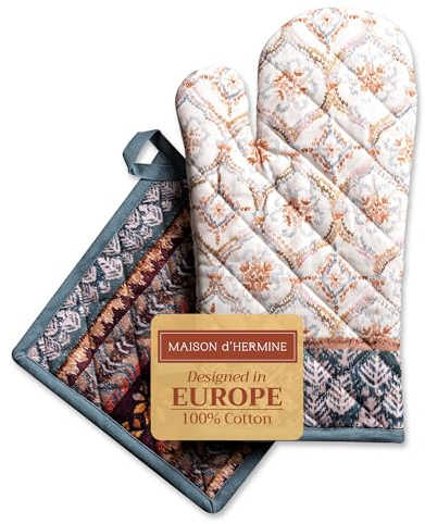 Maison d' Hermine Fair Isle Ensemble de Gants de Cuisine 100% Coton (19cm x 33cm) et manique (20cm x 20cm) pour Barbecue, Cuisson, Micro-Ondes, Thanksgiving/Noël