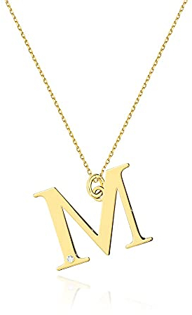 Goldene Damen Halskette 585 14k Gold Gelbgold Kette mit Anhänger Buchstabe M natürlicher echt Diamanten Brillanten Gravur
