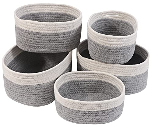 Otoomenz Woven Cotton Rope Storage Basket, 5PCS Shelf Baskets with Handles,Toy Basket Storage Baby Storage Organiser Bathroom Storage Baskets for Make up Cupboard Drawer Closet (Grey))