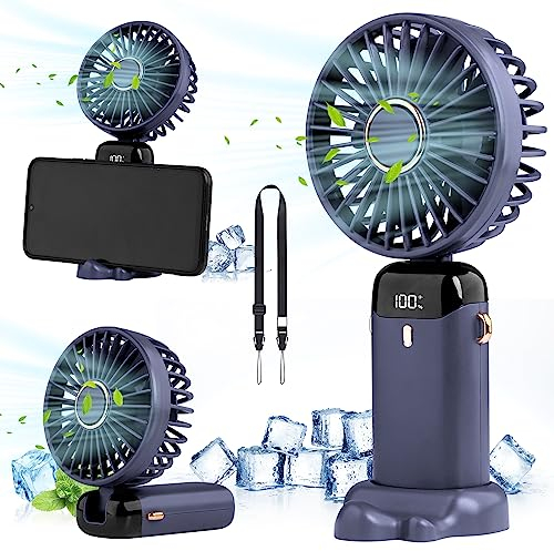 Handheld Fan, Foldable Mini with USB Rechargeable, Has 6 Wind Speeds, Lanyard and Base, Electric Desk Fan with LED Display for Office, Outdoor, School