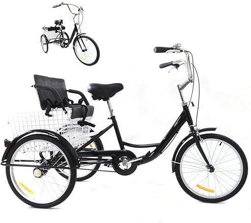 JINPRDAMZ Neue 20 Zoll Erwachsenen Dreirad mit Kindersitz mit Einkaufskorb mit Rücksitz Dreirad Fahrrad Cargo Fahrrad Geeignet für Menschen 61-67 Zoll groß mit Einem Gewicht von Weniger als 264,5 lbs